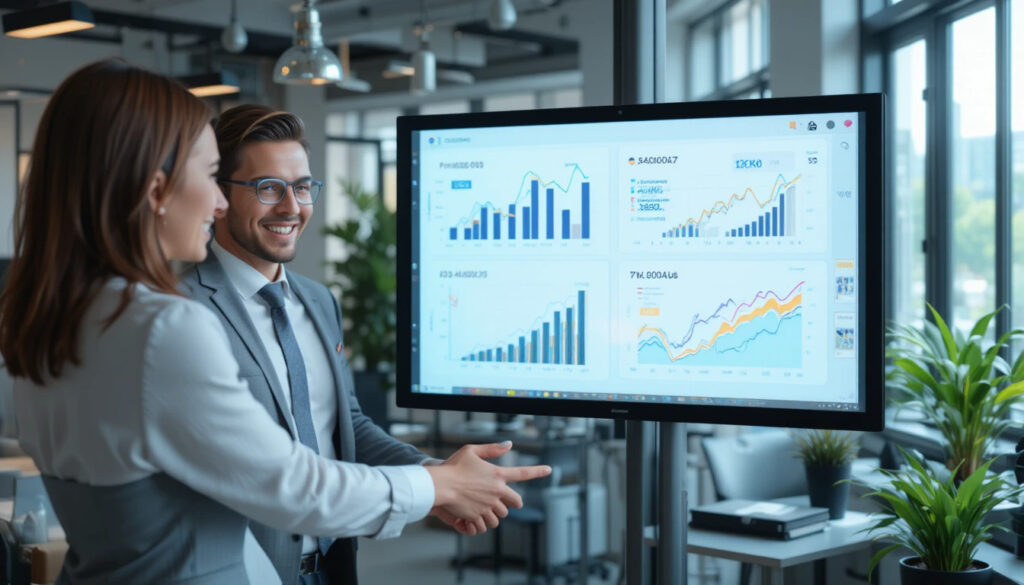 Business professional presenting upselling and cross-selling strategy on digital dashboard