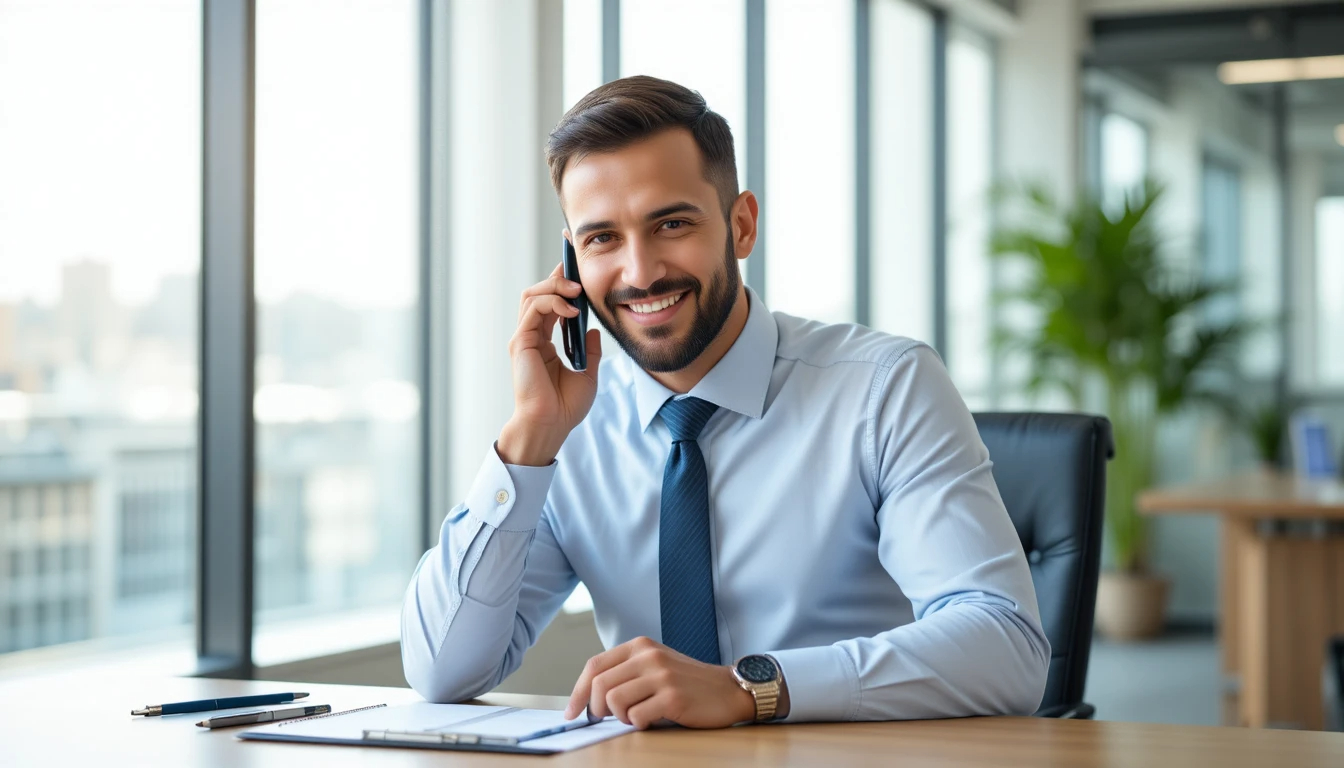 businessman in modern office making confident phone call