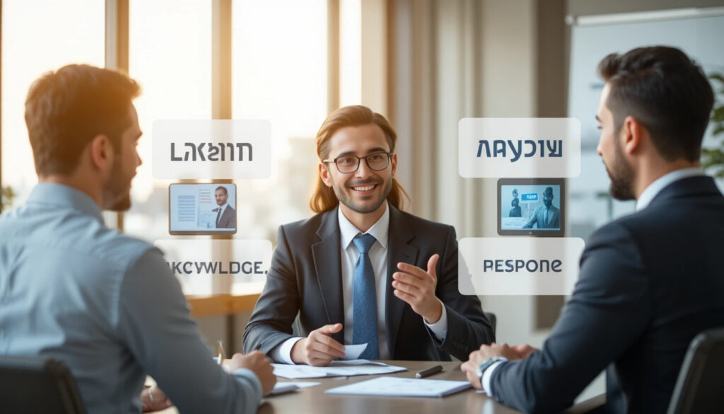 Professional Israeli salesperson in business attire using active listening techniques during client meeting