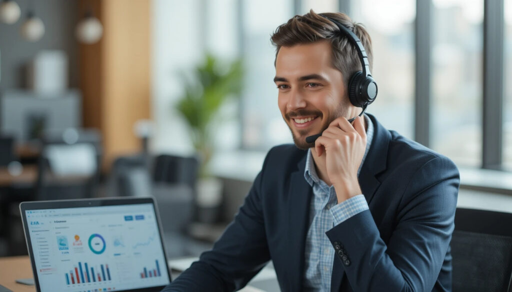 Professional Israeli salesperson wearing headset, smiling confidently while talking on phone in modern office