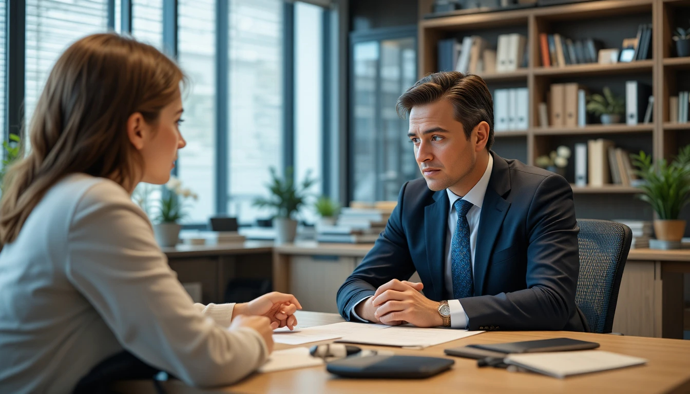 salesperson calmly listening to frustrated customer across desk
